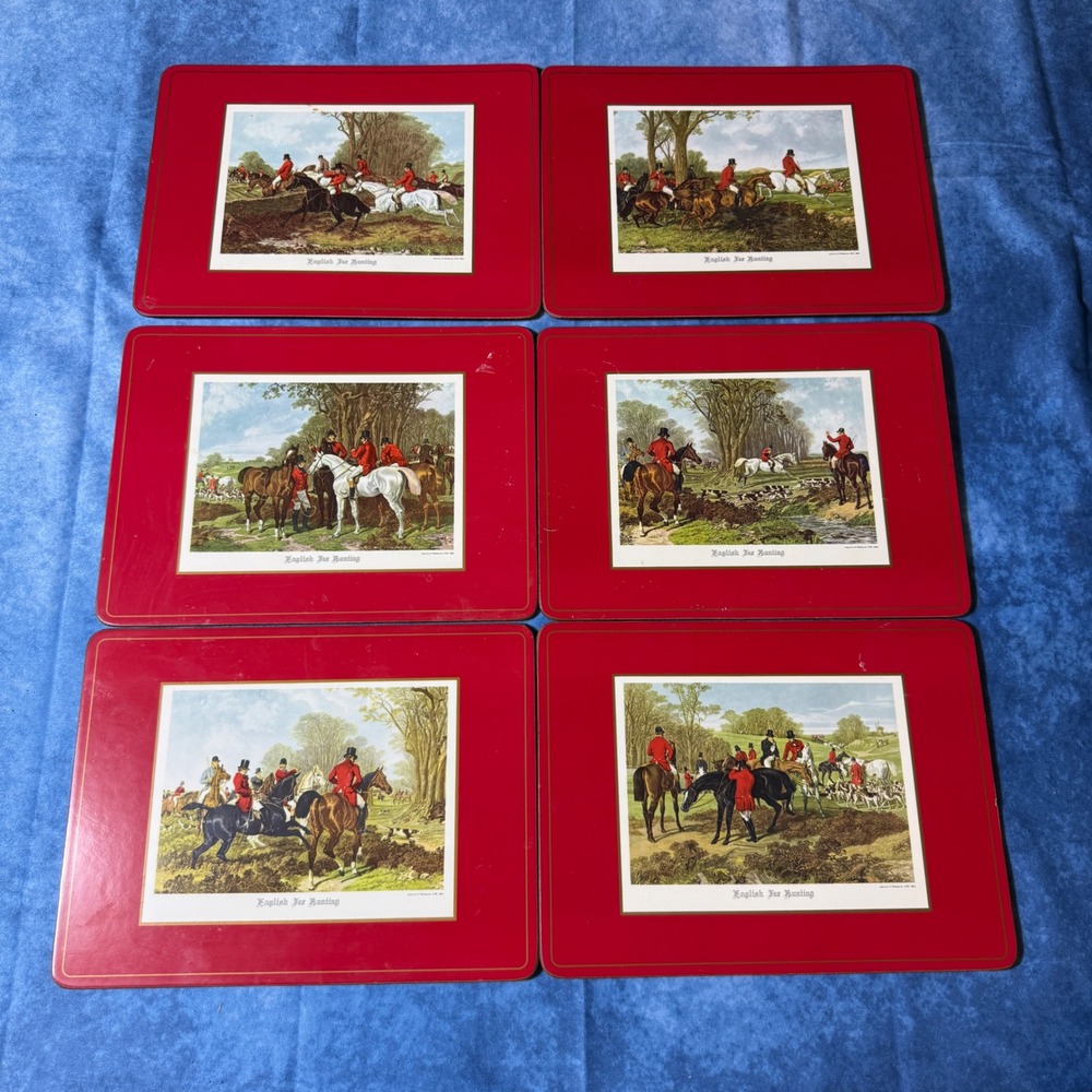 Vintage Set of 6 English Fox Hunting Cork Placemats Imperial Spain 9x12